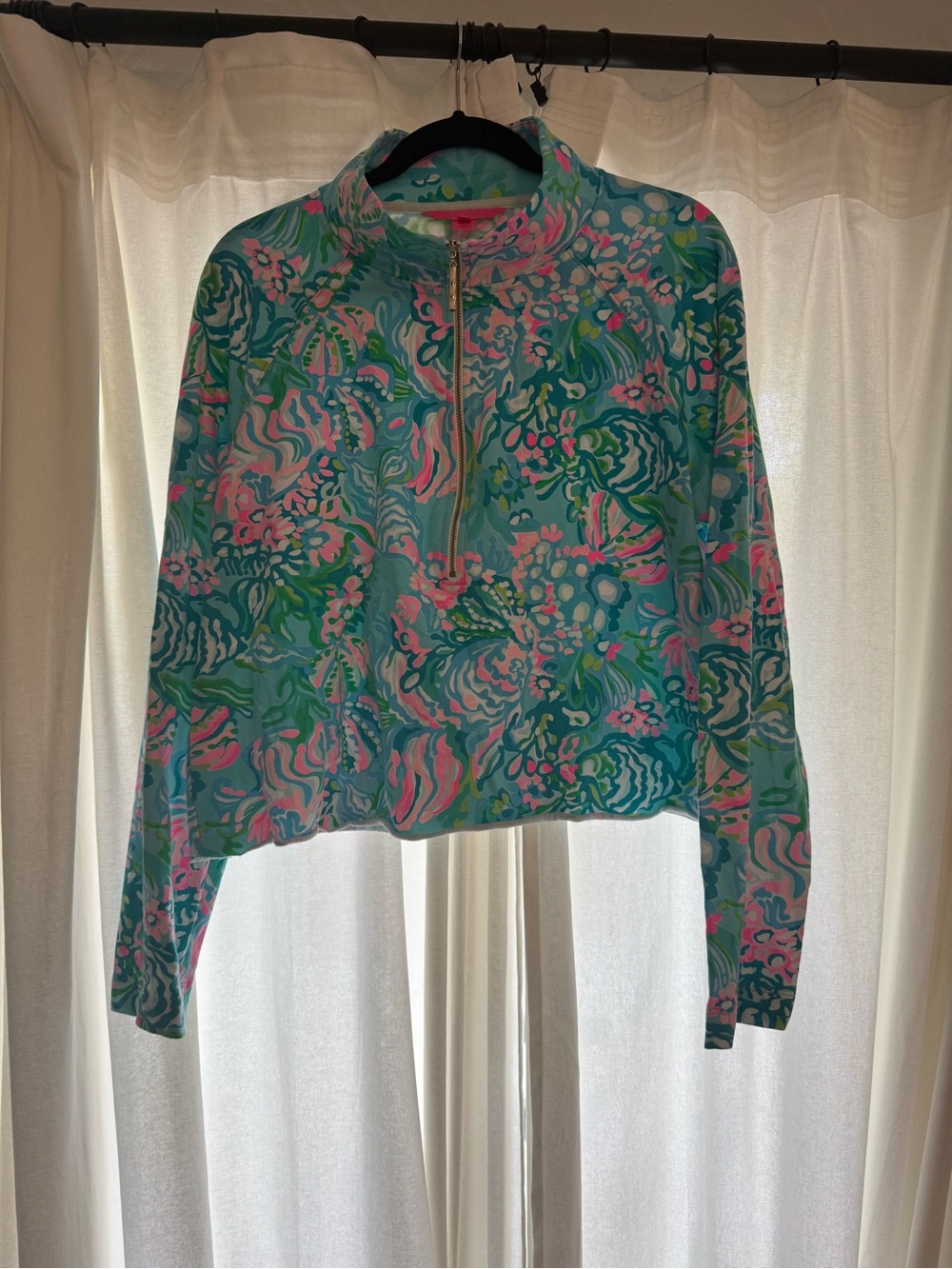 Lilly Pulitzer Cropped Aqua, Pink & Green Floral Quarter-Zip Pullover